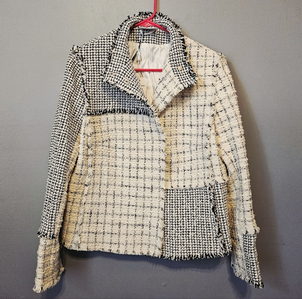 Akris Punto Bouclé Jacket Patchwork Tweed Check US Size 10 $1590 Cream Black